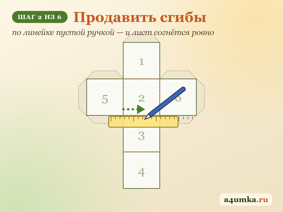 Шаг 2: продавить линии сгиба по линейке пустой ручкой