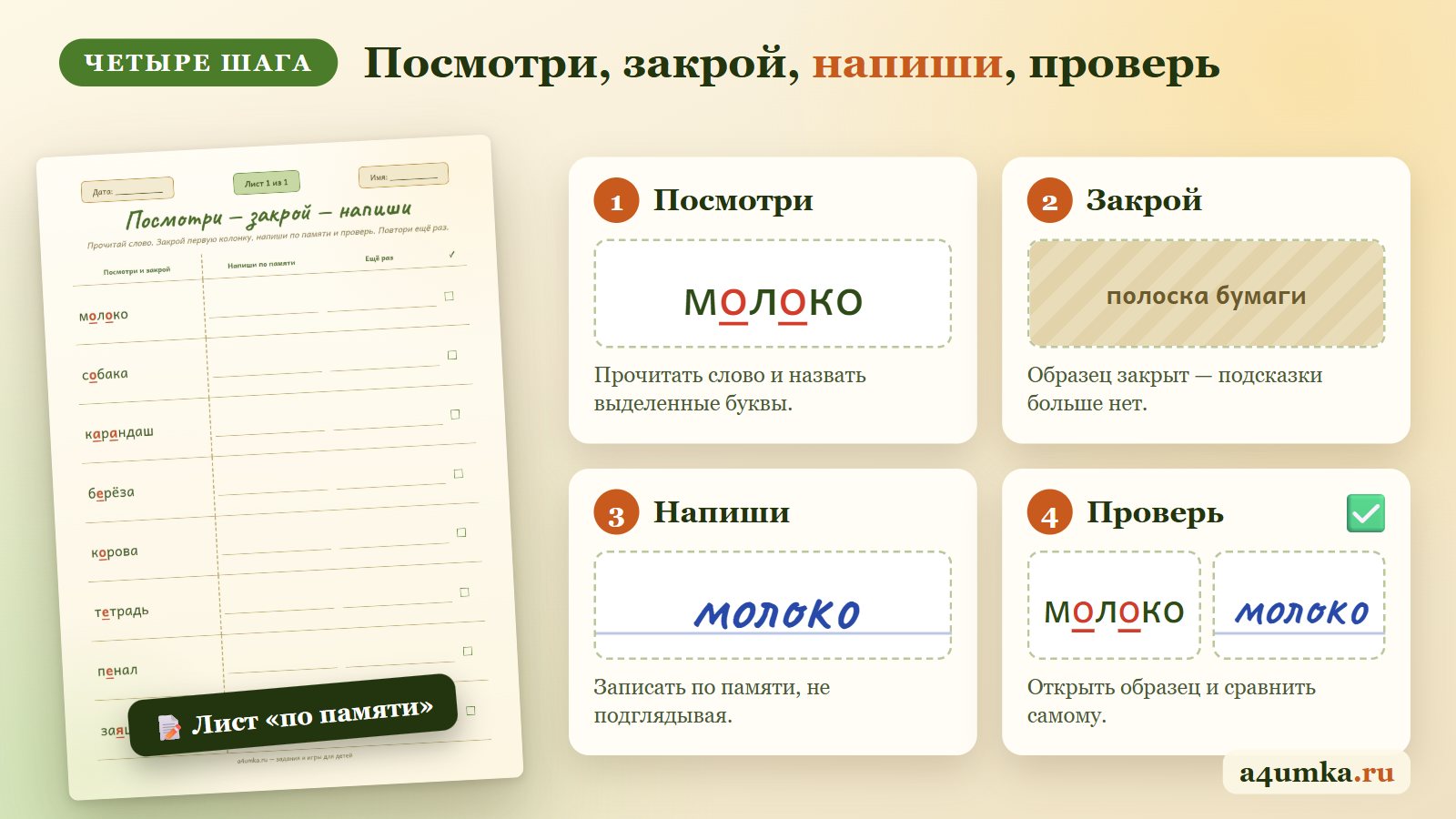 Схема «посмотри, закрой, напиши, проверь» на слове молоко и лист генератора для письма по памяти