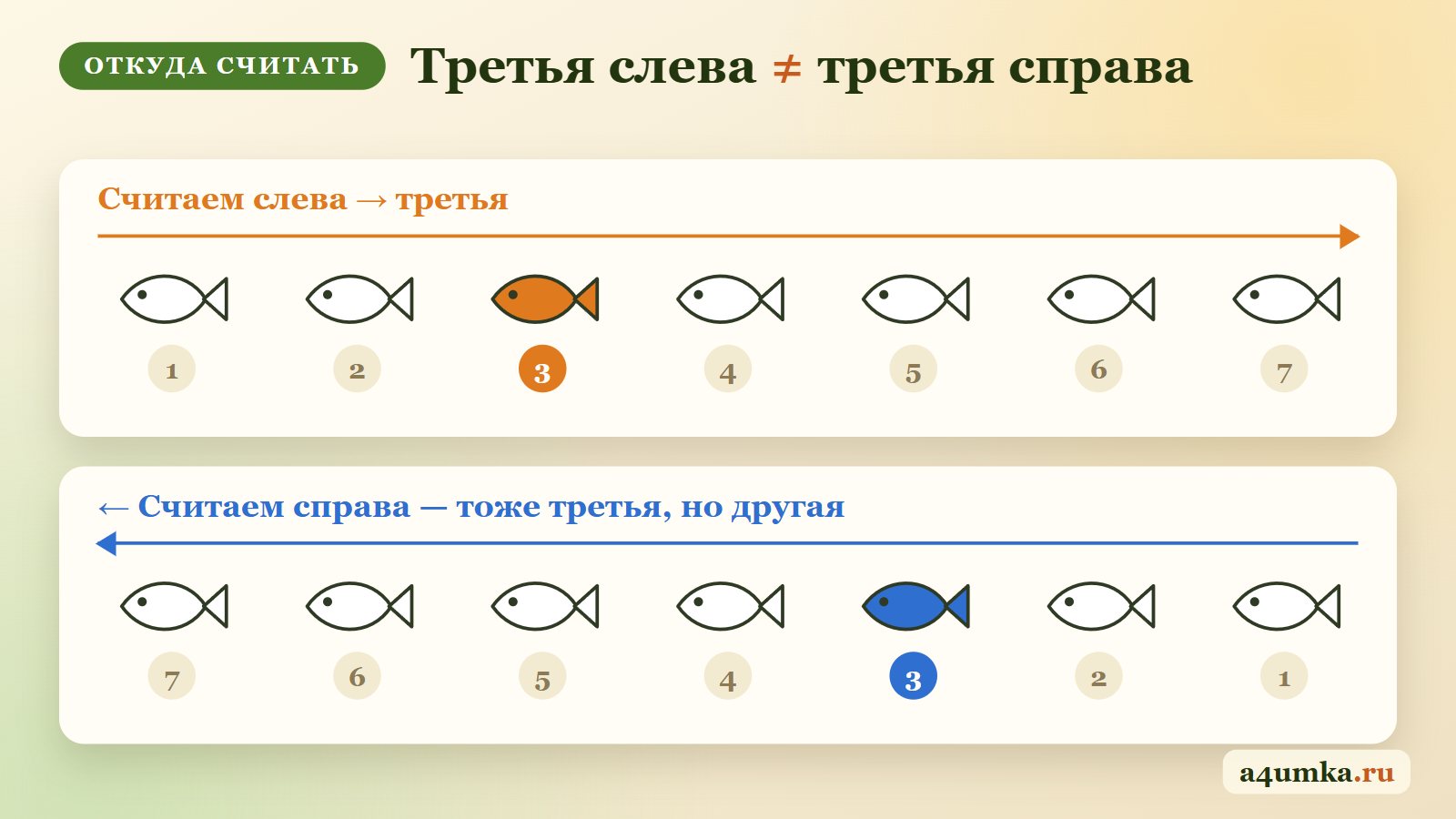 Порядковый счёт слева и справа: в ряду из семи рыбок третья слева и третья справа — разные рыбки