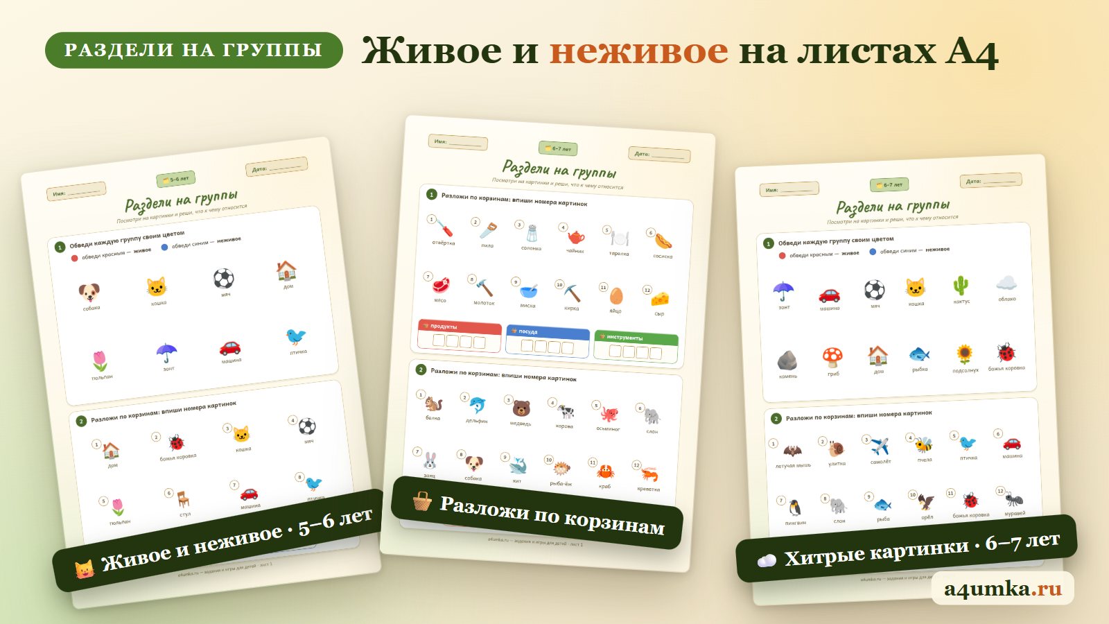 Задания живое и неживое для дошкольников на листах A4: обведи цветом, разложи по корзинам, хитрые картинки для 6–7 лет
